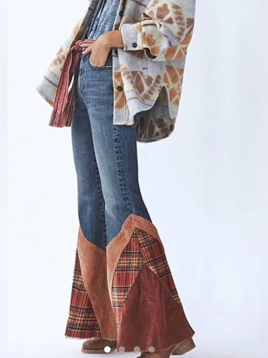 Free People We The Free Flashback Patchwork Plaid Corduroy Flare Jeans NWOT - Picture 9 of 9